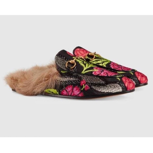 New Gucci Princetown fur Tapestry Brocade Fur Floral slippers flats - Picture 2 of 11